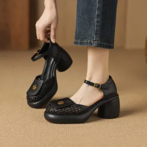 COMFORTABLE T-STRAP CLOSED TOE PLATFORM HEELS SANDALS