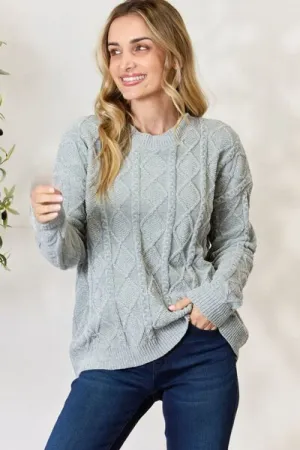 Cozy Cable Knit Round Neck Sweater in Sage