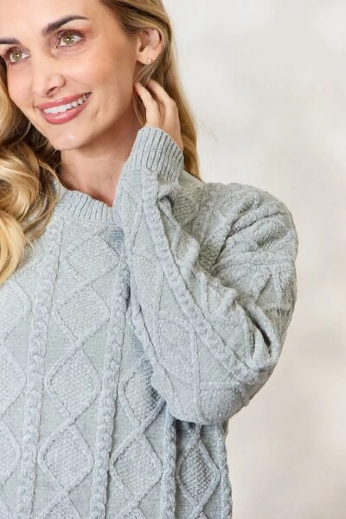 Cozy Cable Knit Round Neck Sweater in Sage