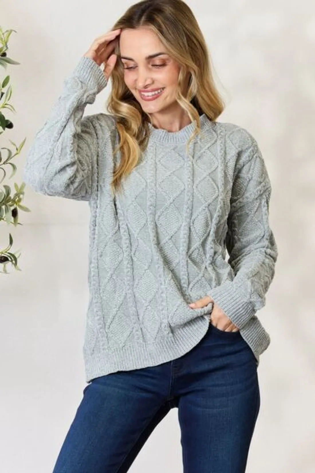 Cozy Cable Knit Round Neck Sweater in Sage