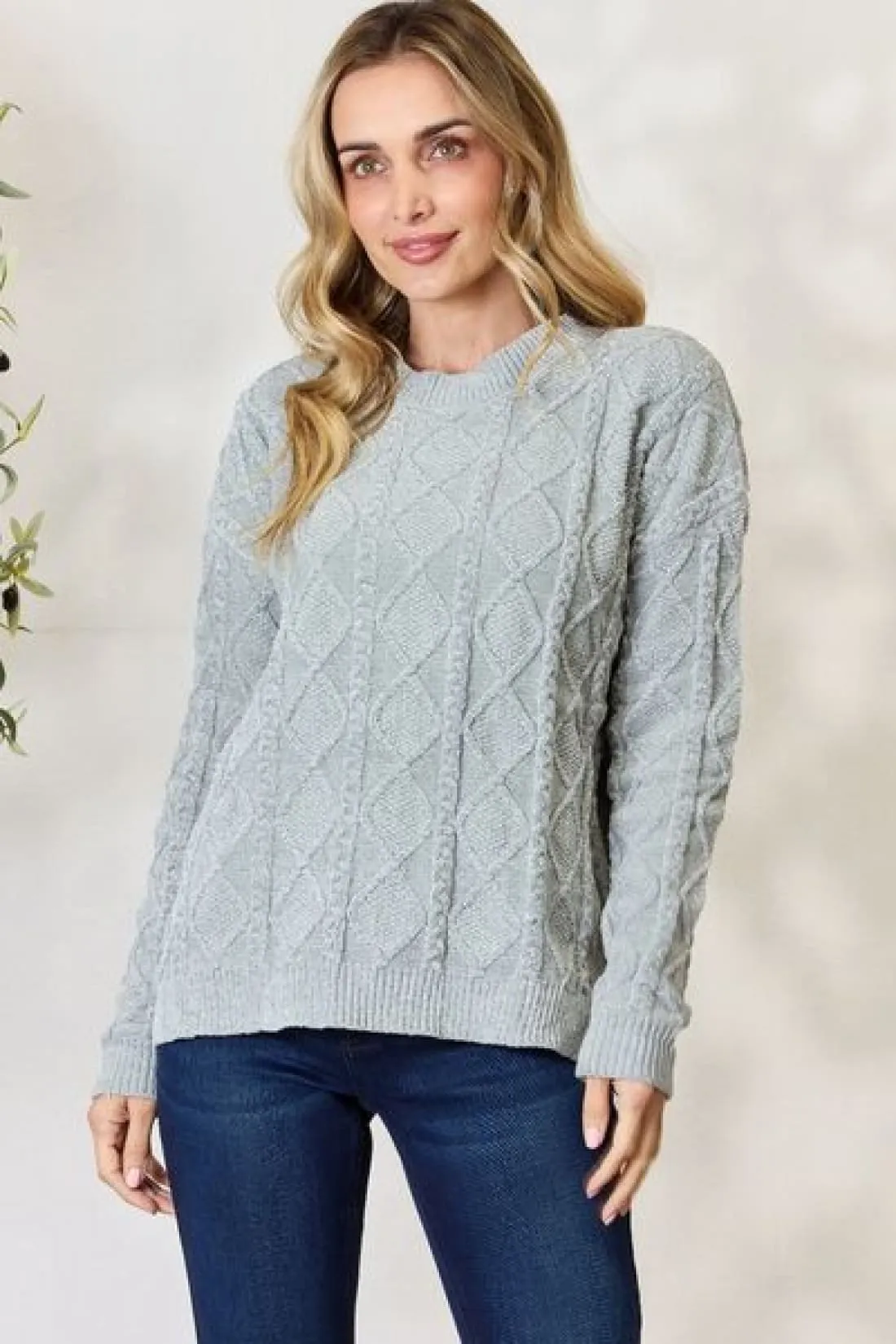 Cozy Cable Knit Round Neck Sweater in Sage