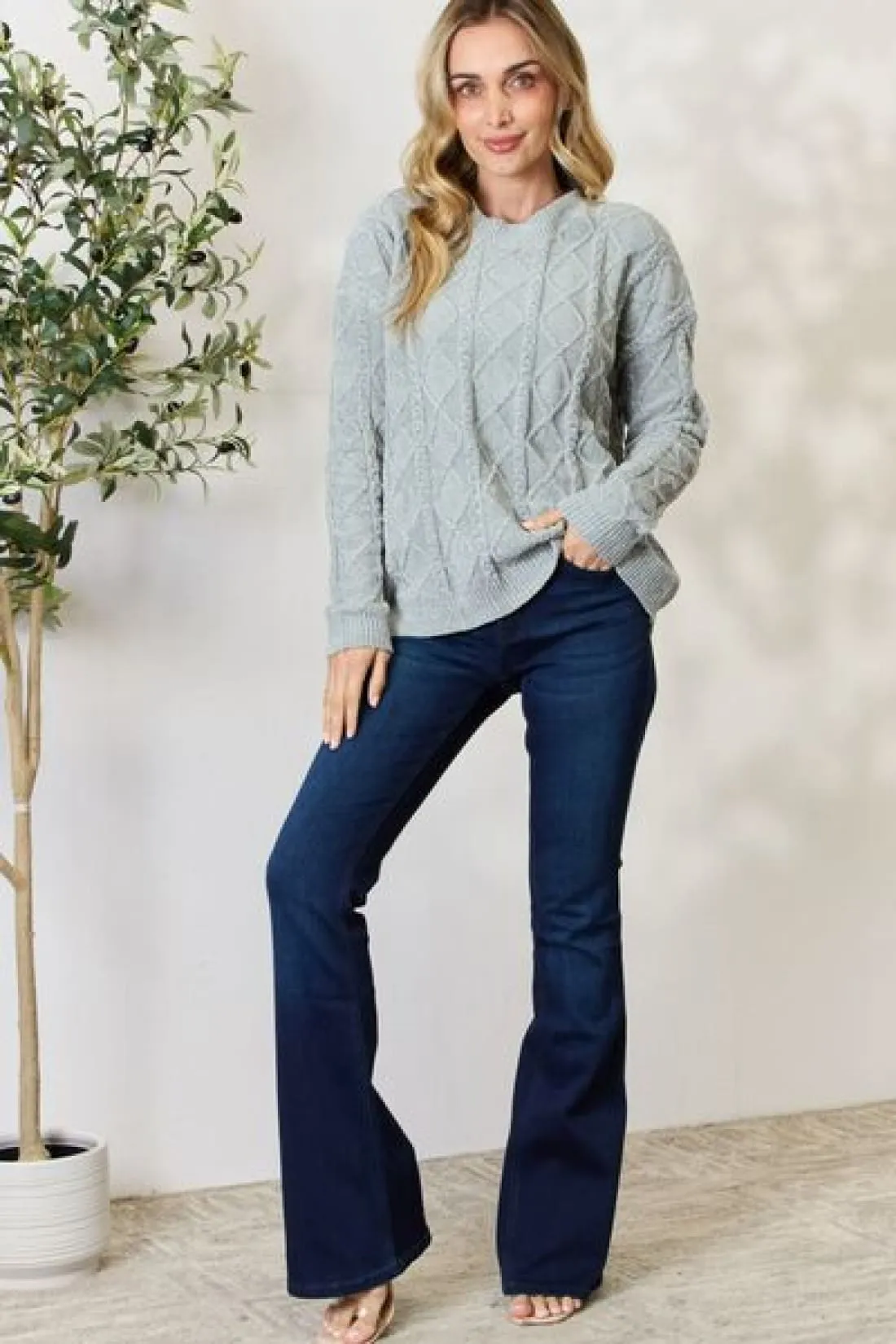 Cozy Cable Knit Round Neck Sweater in Sage