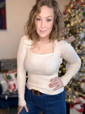 Cream Square Neck Cable Knit Sweater