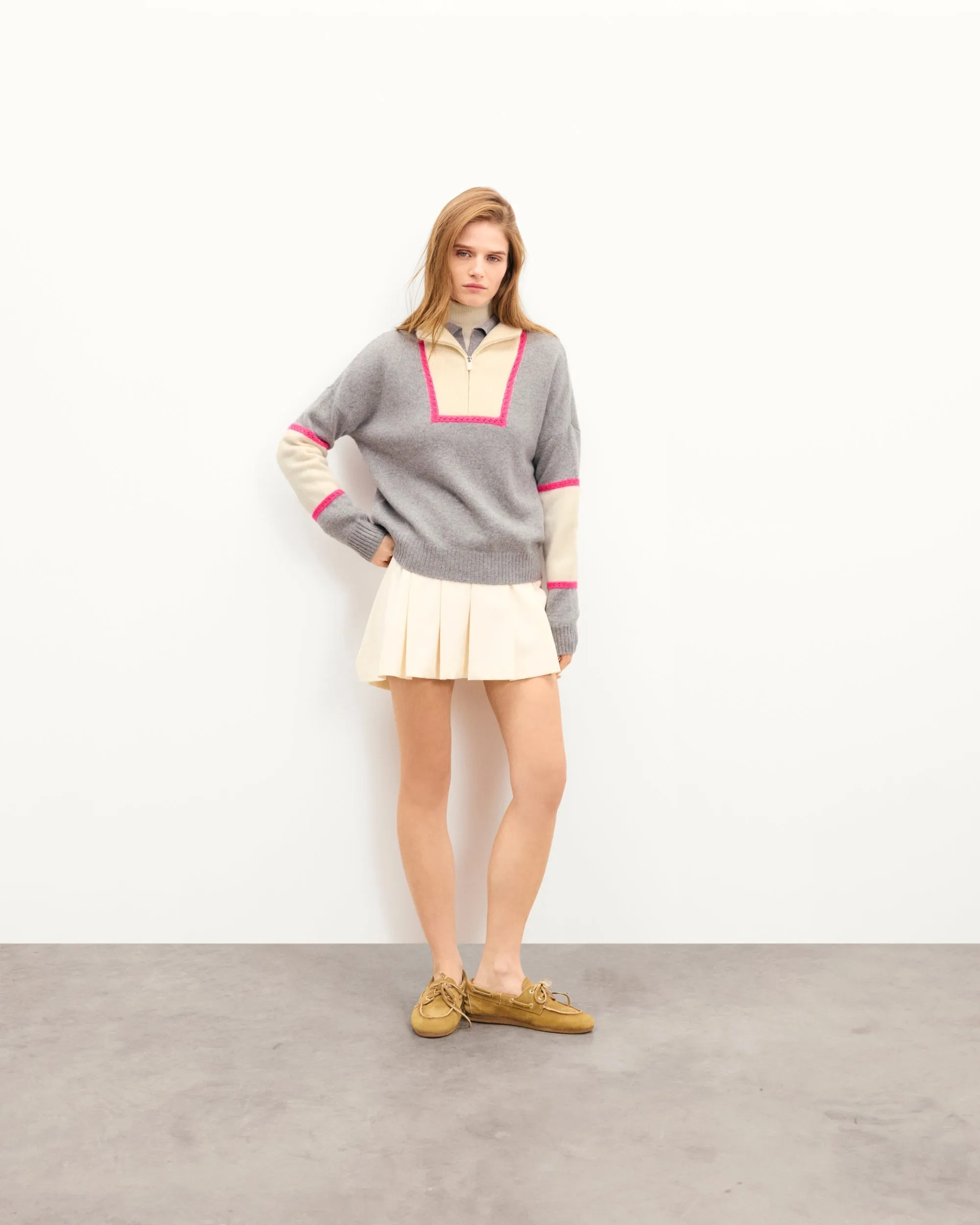 Crochet Quarter Zip Neck Sweater (S25 / WOMEN / Dark Heather Grey)