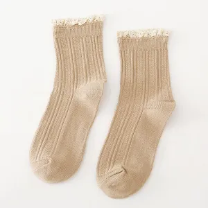 CWMS0980-KHAKI-OS AUTUMN AND WINTER COLLEGE STYLE MID-TUBE SOCKS