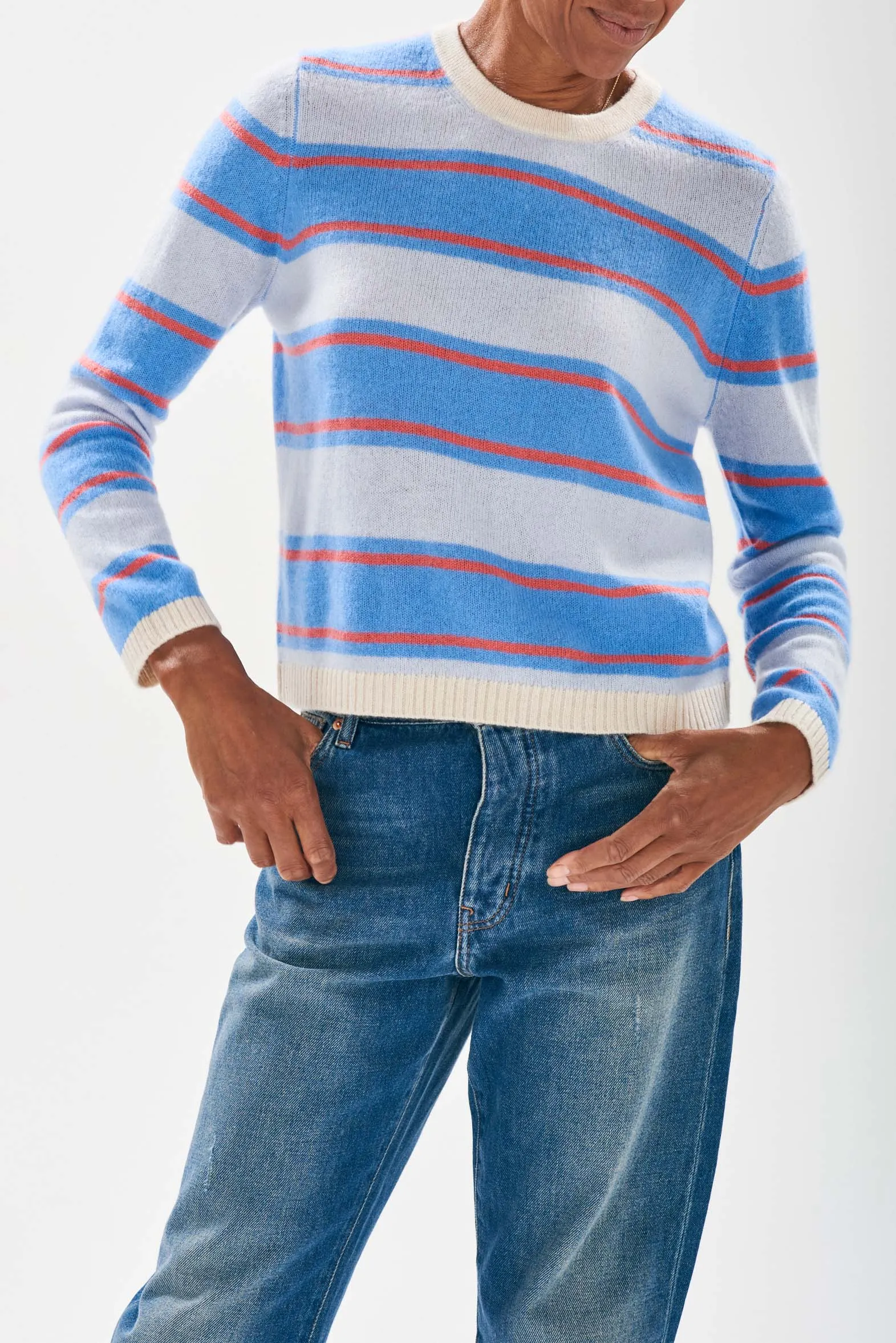 Deckchair Stripe Crew Sweater -Oatmeal / Azure