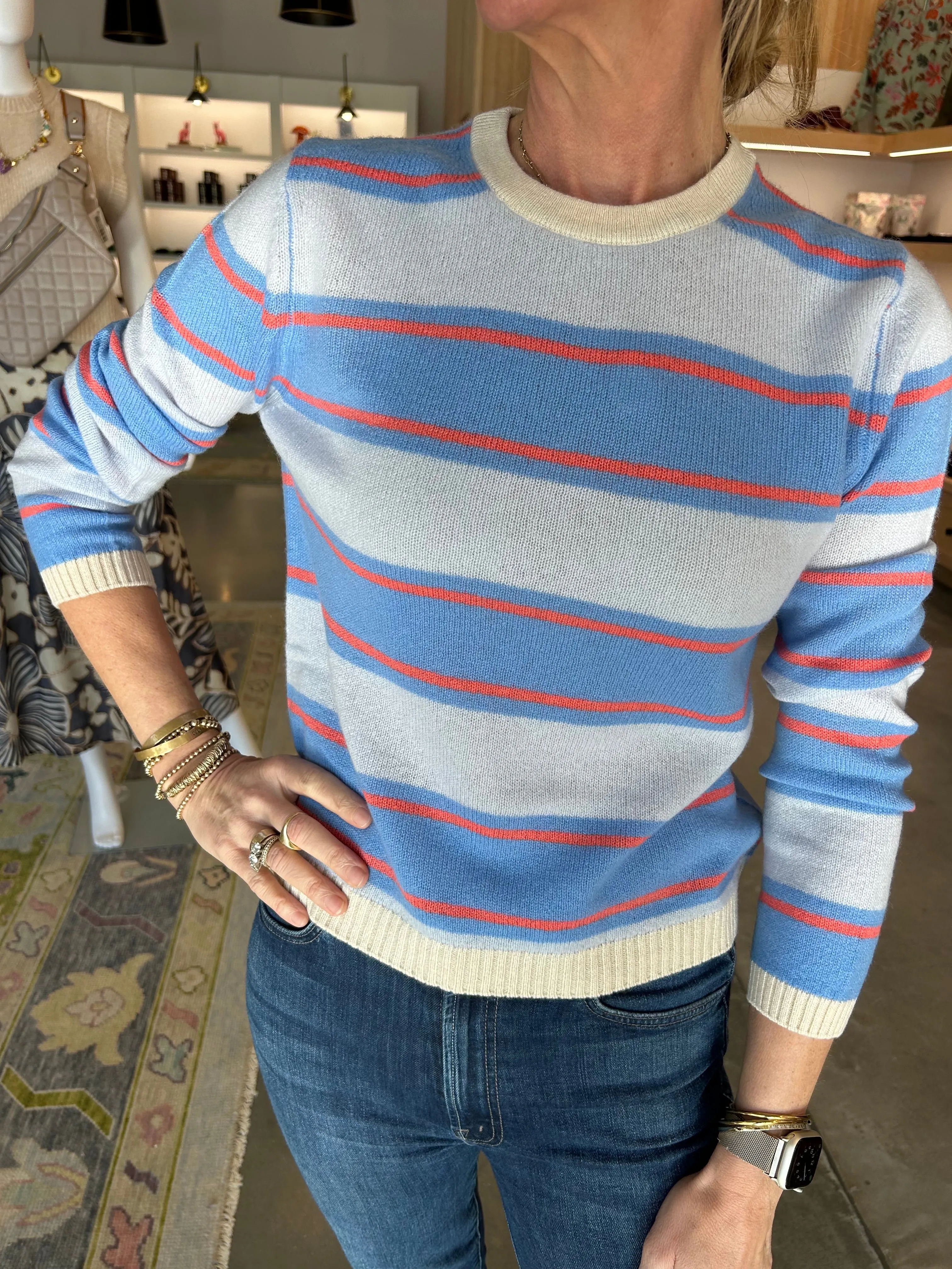 Deckchair Stripe Crew Sweater -Oatmeal / Azure