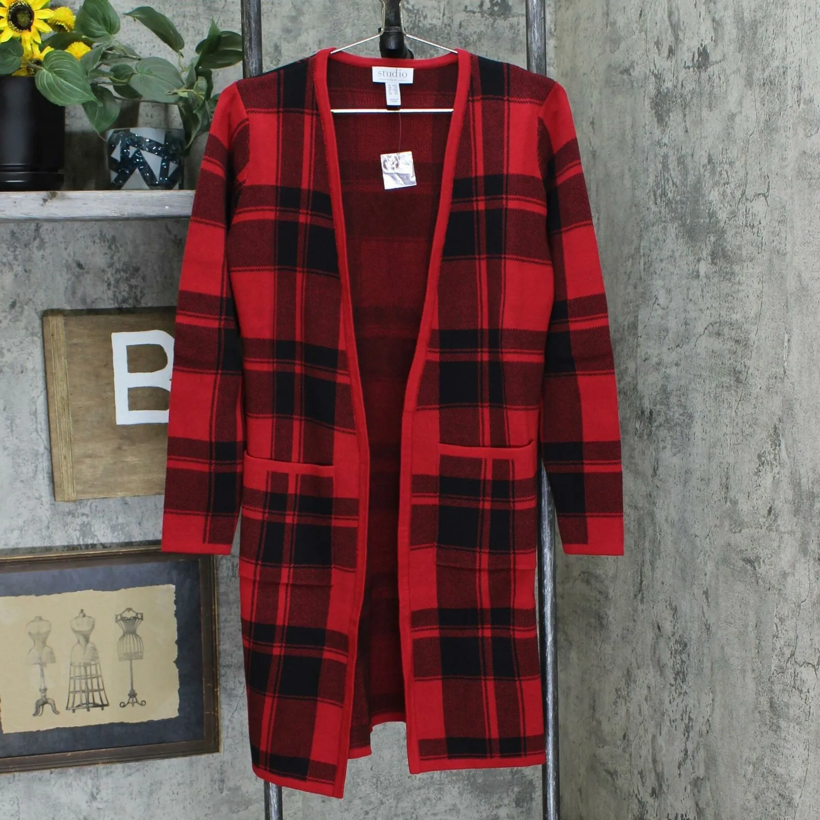 Denim & Co. Women's Studio Plaid Jacquard Open-Front Cardigan Sweater
