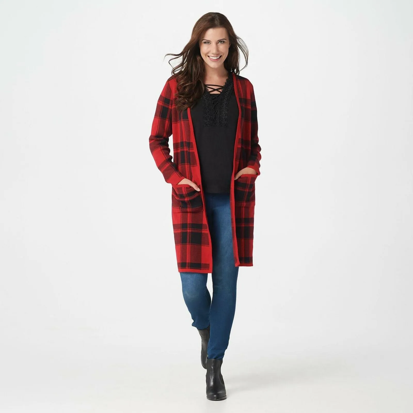Denim & Co. Women's Studio Plaid Jacquard Open-Front Cardigan Sweater