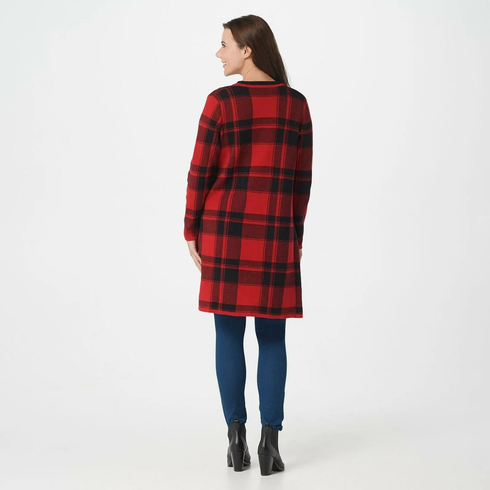 Denim & Co. Women's Studio Plaid Jacquard Open-Front Cardigan Sweater