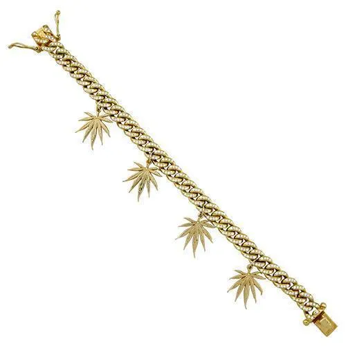 Diamond Cuban Link Weed Marijuana Bracelet in 14k Yellow Gold 4.50 Ctw