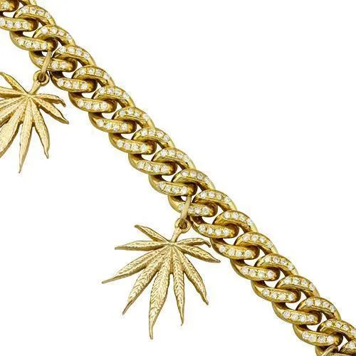 Diamond Cuban Link Weed Marijuana Bracelet in 14k Yellow Gold 4.50 Ctw