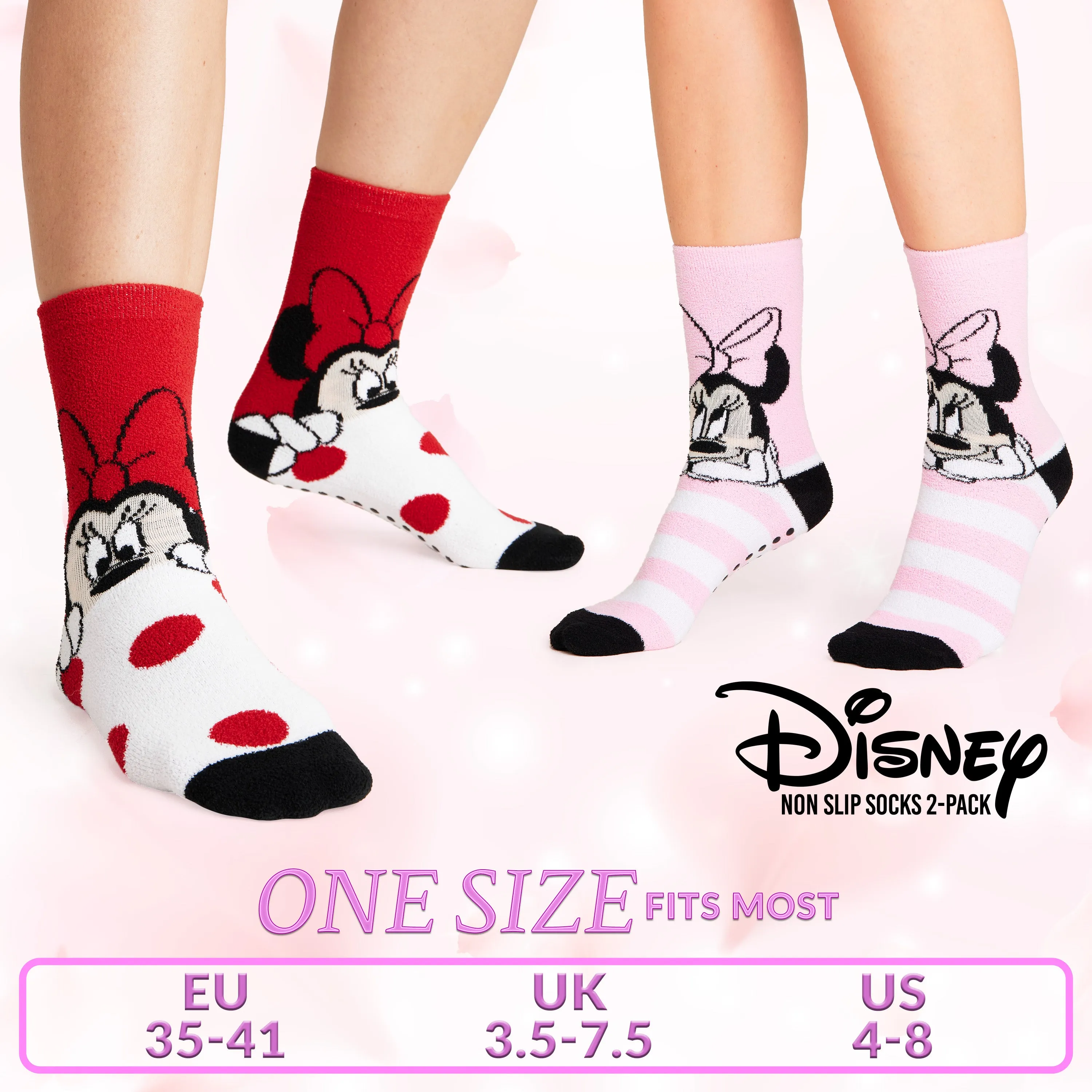 Disney Slippers Socks Women 2 Pack Fluffy Socks Non Slip - Red & Pink Minnie