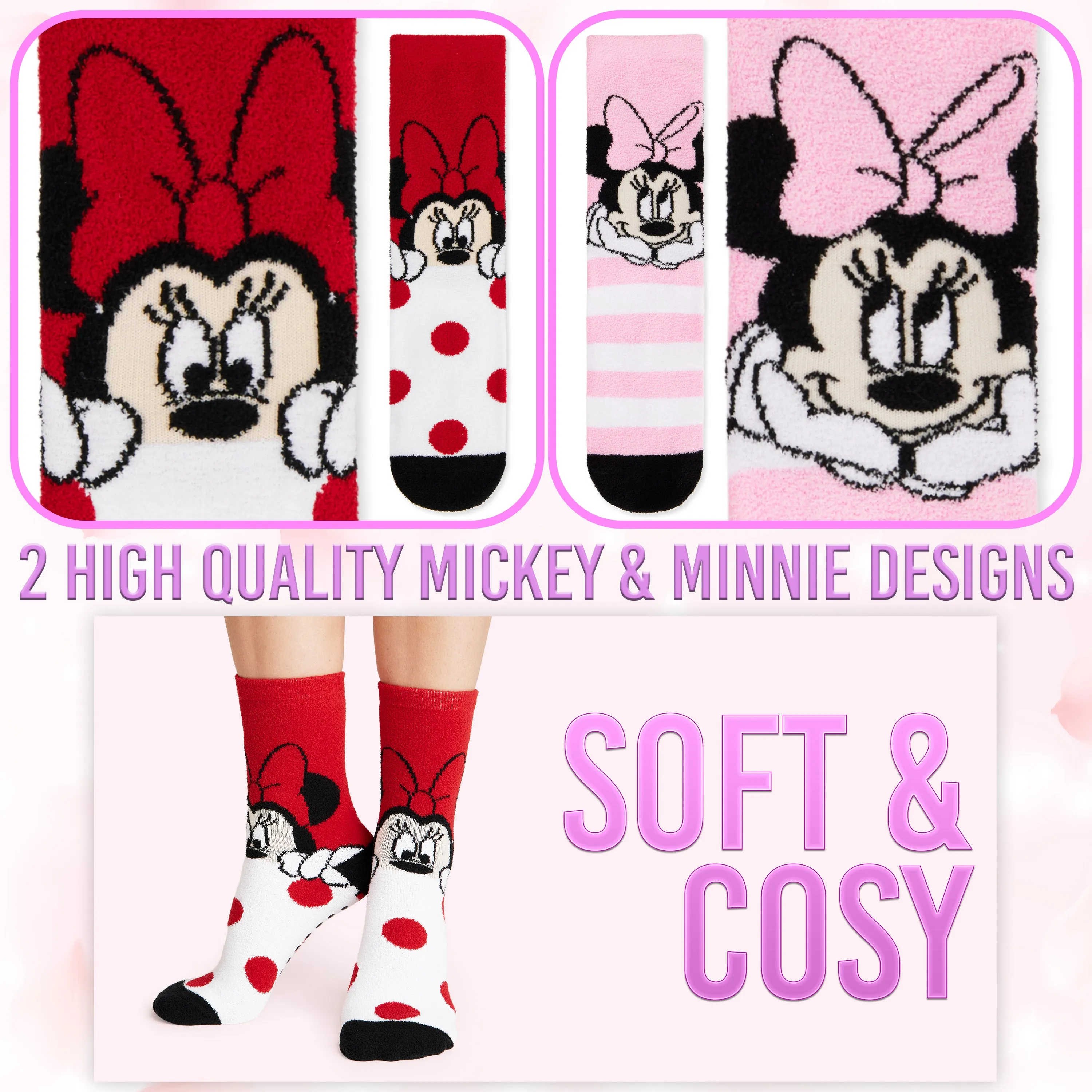 Disney Slippers Socks Women 2 Pack Fluffy Socks Non Slip - Red & Pink Minnie