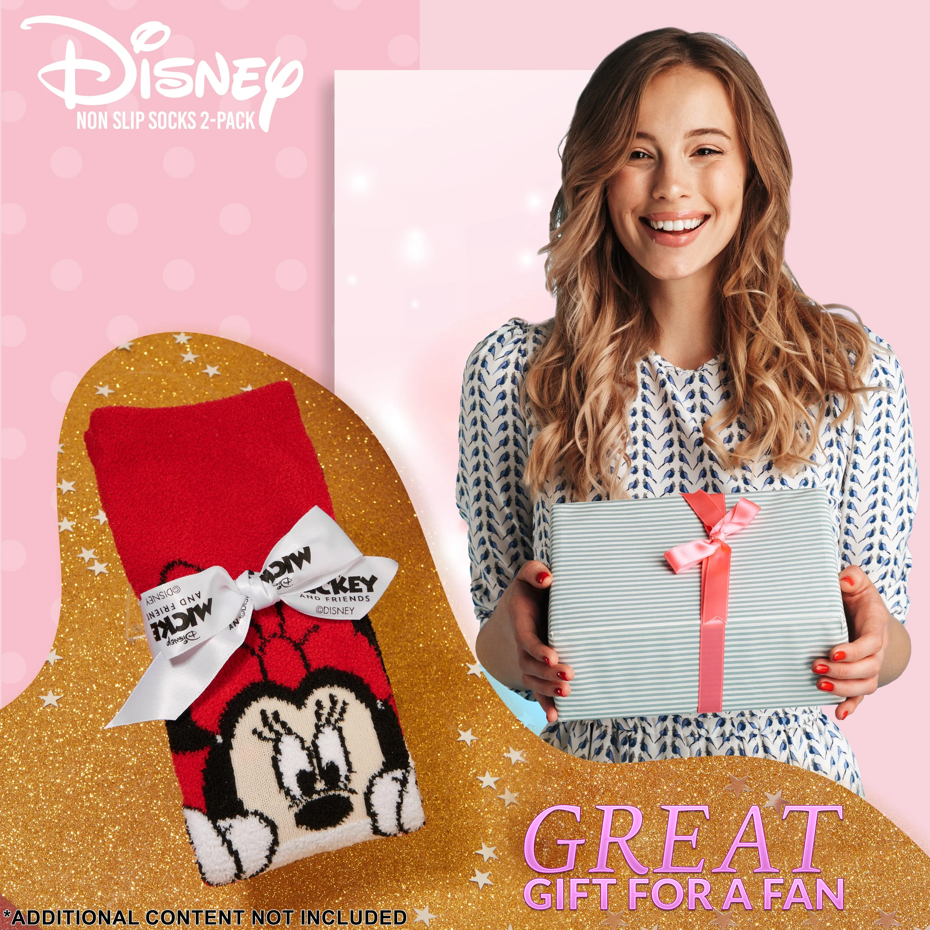 Disney Slippers Socks Women 2 Pack Fluffy Socks Non Slip - Red & Pink Minnie