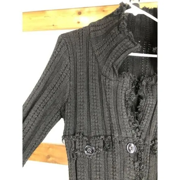 Distressed fringe black knit cardigan coatigan jacket sz XS (no labels)