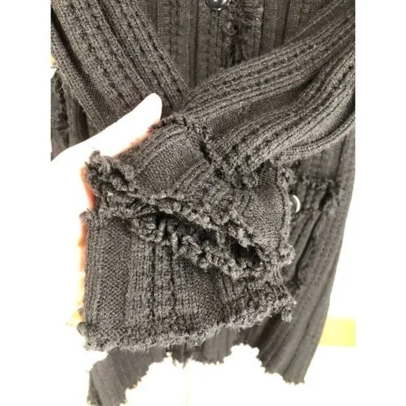 Distressed fringe black knit cardigan coatigan jacket sz XS (no labels)