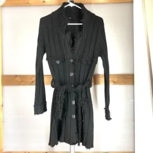 Distressed fringe black knit cardigan coatigan jacket sz XS (no labels)