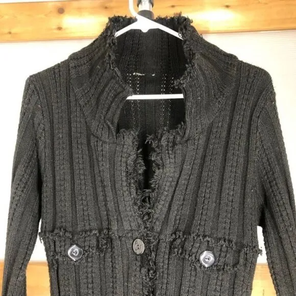 Distressed fringe black knit cardigan coatigan jacket sz XS (no labels)