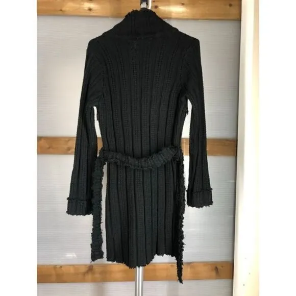 Distressed fringe black knit cardigan coatigan jacket sz XS (no labels)