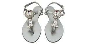 Dolce & Gabbana Silver Leather T-Strap Sandals With Crystal Embellishments
