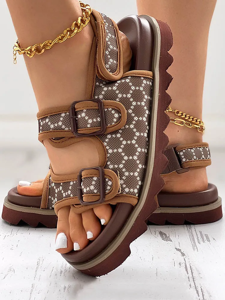 Double Buckle Strap Diamante Flat Sandal