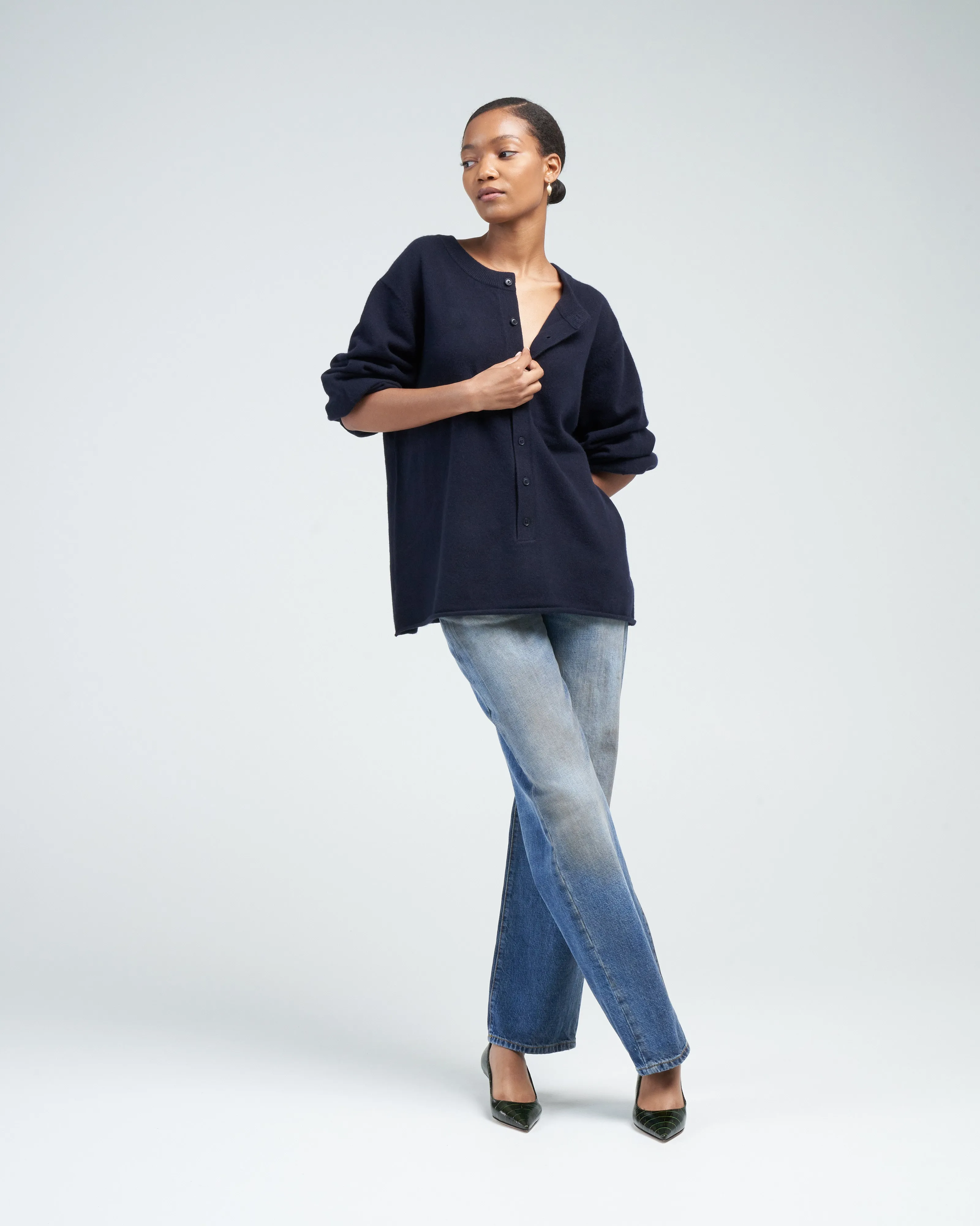 draped sleeve henley - navy