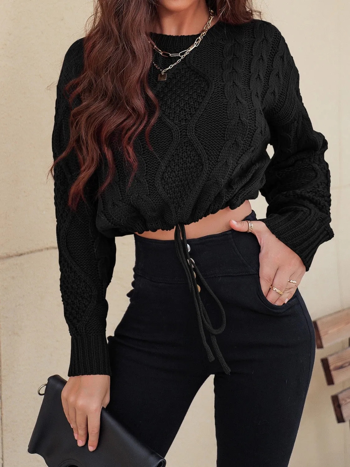 Drawstring Hem Cable-Knit Sweater