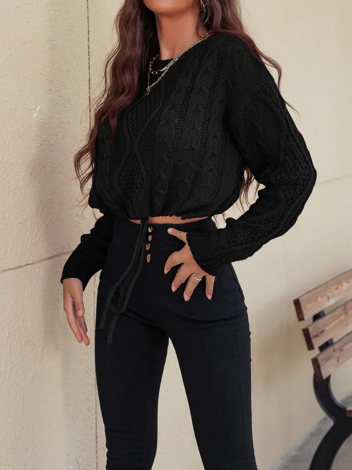 Drawstring Hem Cable-Knit Sweater