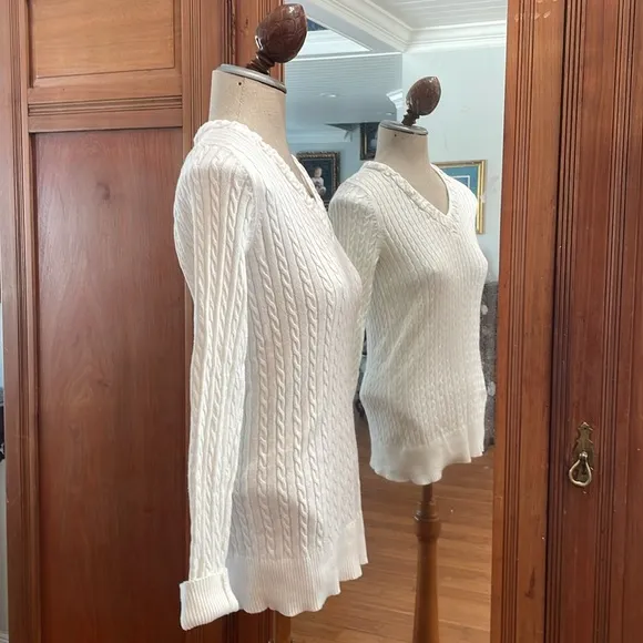 Eddie Bauer sweater cable knit pull over cotton V-neck white women’s size S