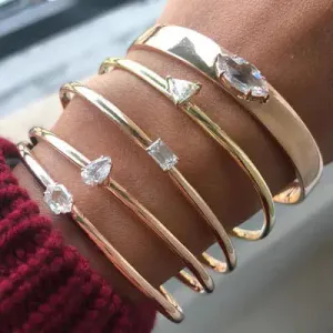 Ella Eclectic 5 In 1 Stackable Bangle Bracelets With Diamond Crystal Studs On Gold Plated Bangles