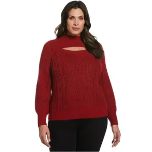 Ella Rafaella Womens Plus 3X Long Sleeve Cable Knit Cutout Mock Neck Sweater Red