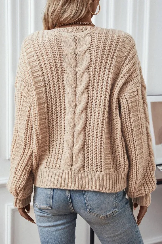 Eloise Cable Lantern Sleeve Sweater - Khaki