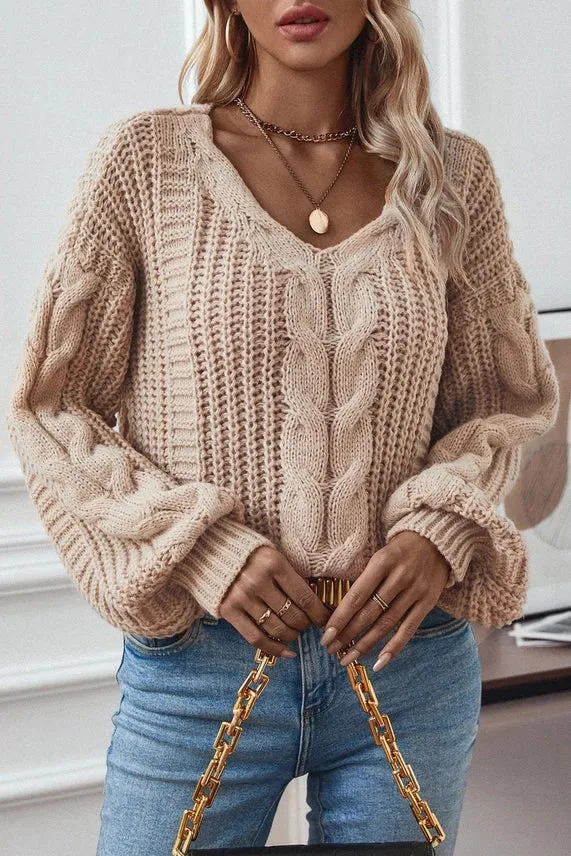 Eloise Cable Lantern Sleeve Sweater - Khaki