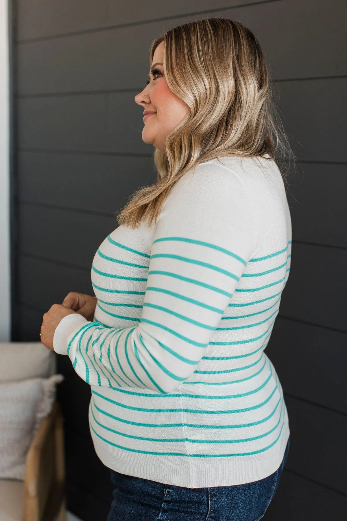 Enchanting Gazes Striped Sweater- Ivory & Mint Blue
