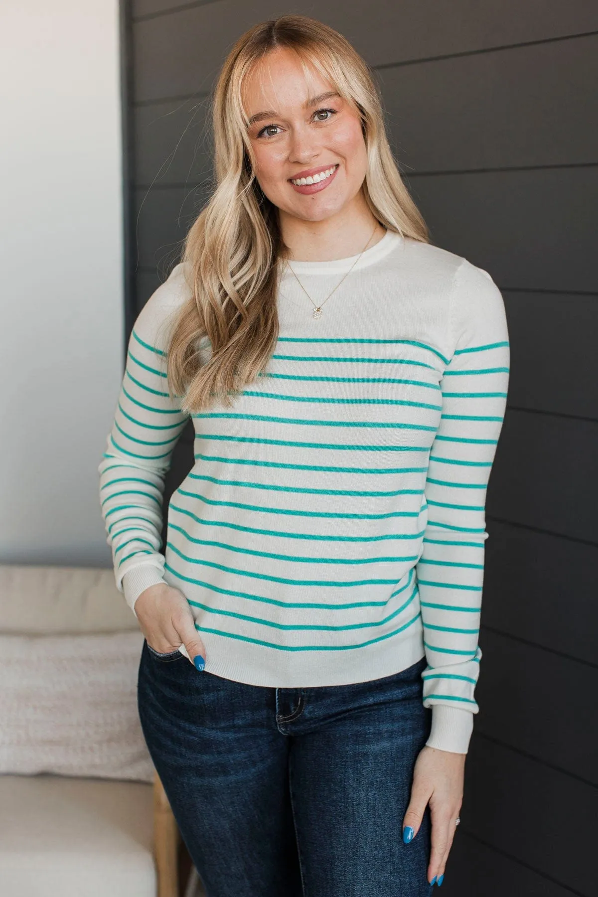 Enchanting Gazes Striped Sweater- Ivory & Mint Blue