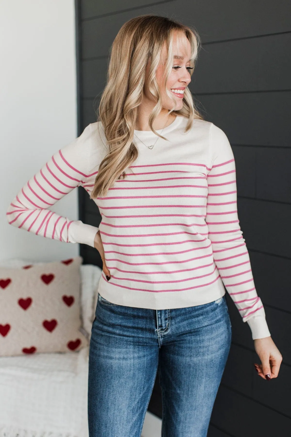 Enchanting Gazes Striped Sweater- Ivory & Pink