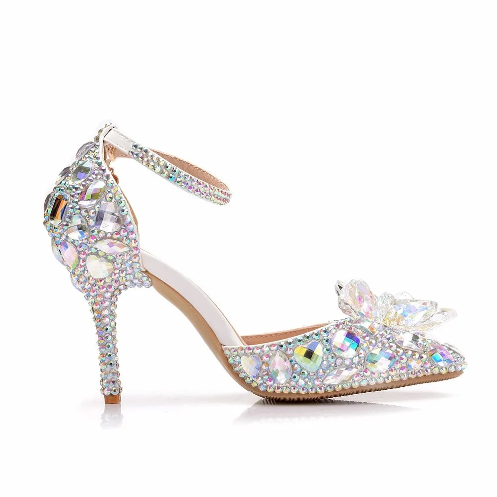 European Wedding Shoes Female White Drill Rhinestone Crystal Sandals Stiletto Pointed  Bridal Shoes High Heels
