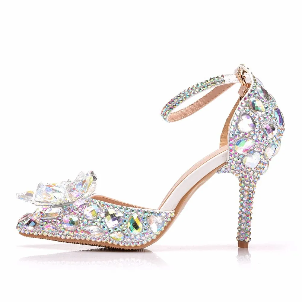 European Wedding Shoes Female White Drill Rhinestone Crystal Sandals Stiletto Pointed  Bridal Shoes High Heels