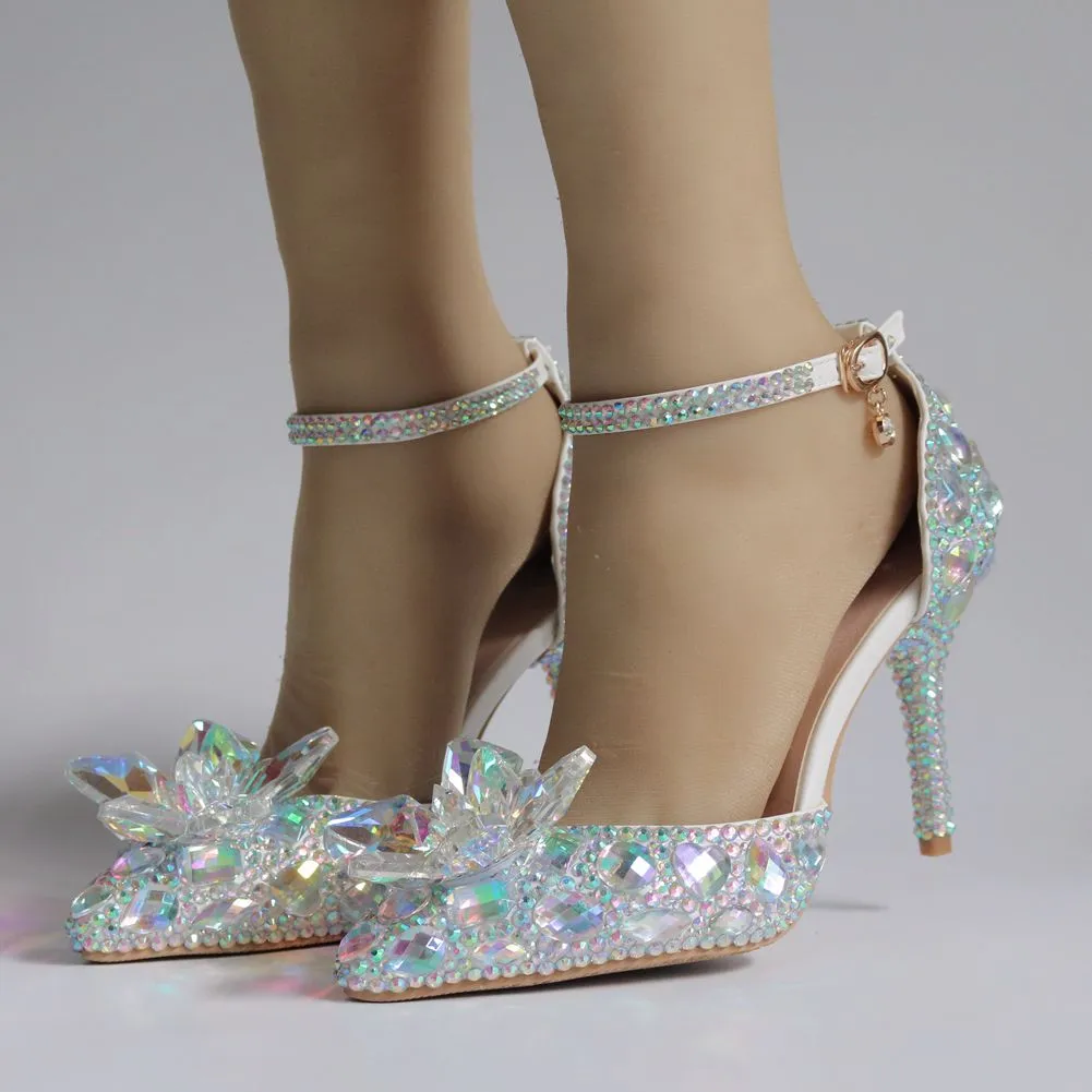 European Wedding Shoes Female White Drill Rhinestone Crystal Sandals Stiletto Pointed  Bridal Shoes High Heels