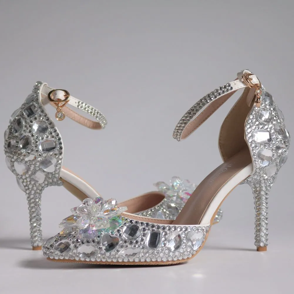 European Wedding Shoes Female White Drill Rhinestone Crystal Sandals Stiletto Pointed  Bridal Shoes High Heels