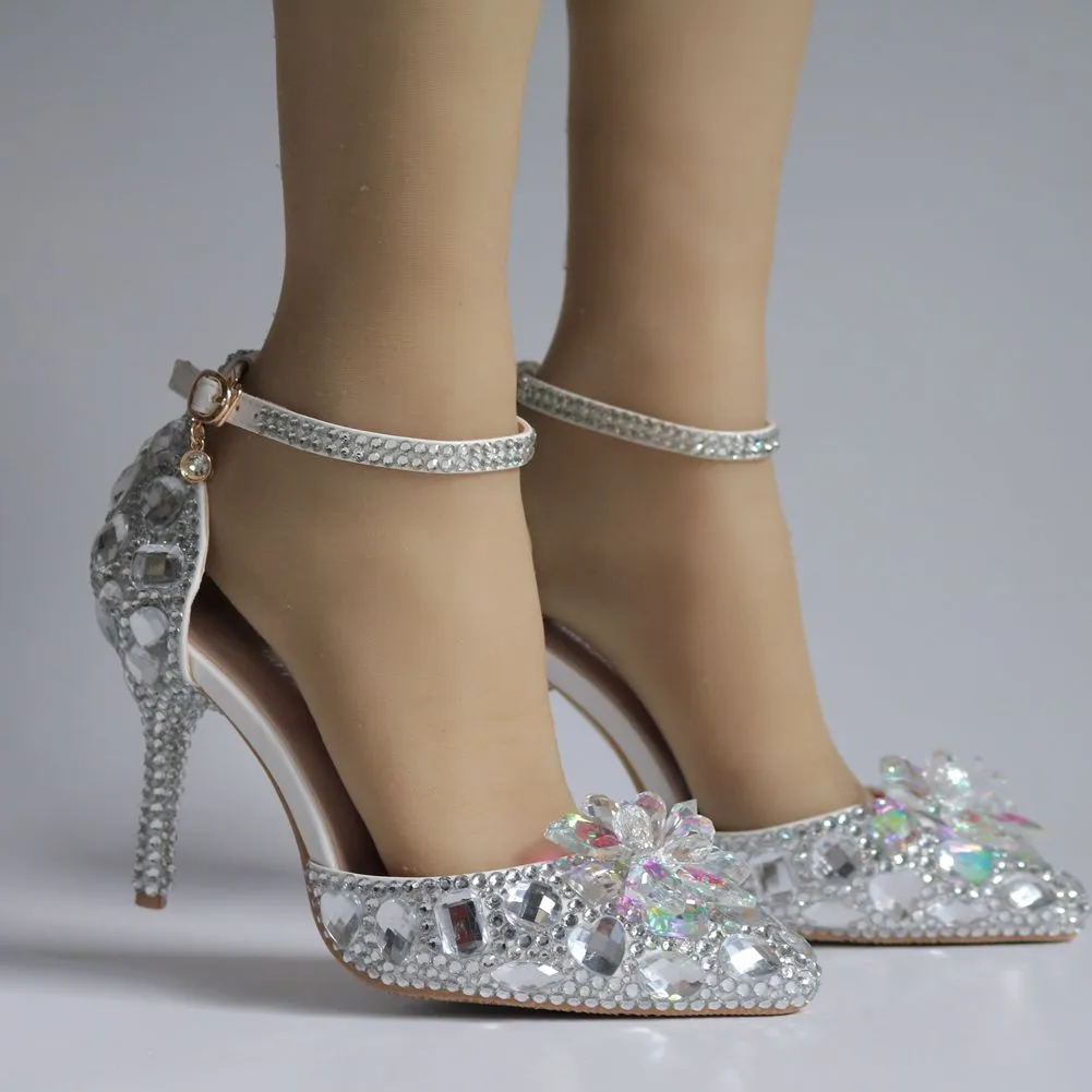 European Wedding Shoes Female White Drill Rhinestone Crystal Sandals Stiletto Pointed  Bridal Shoes High Heels