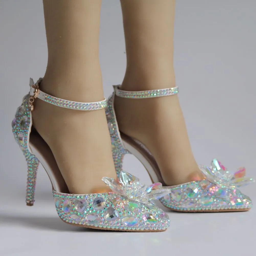 European Wedding Shoes Female White Drill Rhinestone Crystal Sandals Stiletto Pointed  Bridal Shoes High Heels