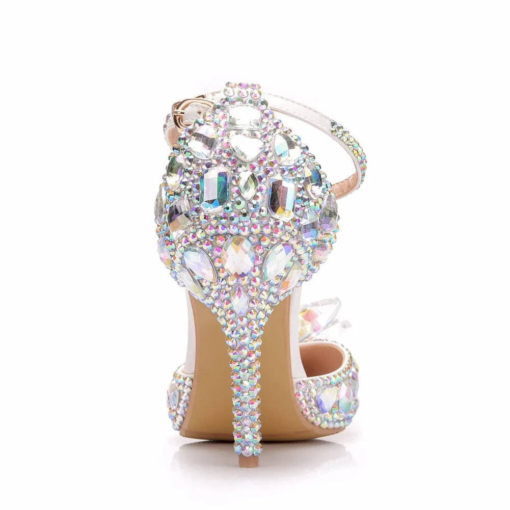 European Wedding Shoes Female White Drill Rhinestone Crystal Sandals Stiletto Pointed  Bridal Shoes High Heels