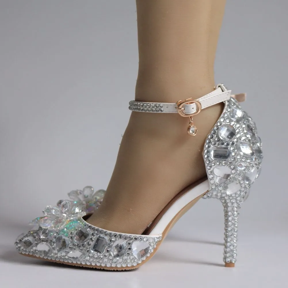 European Wedding Shoes Female White Drill Rhinestone Crystal Sandals Stiletto Pointed  Bridal Shoes High Heels