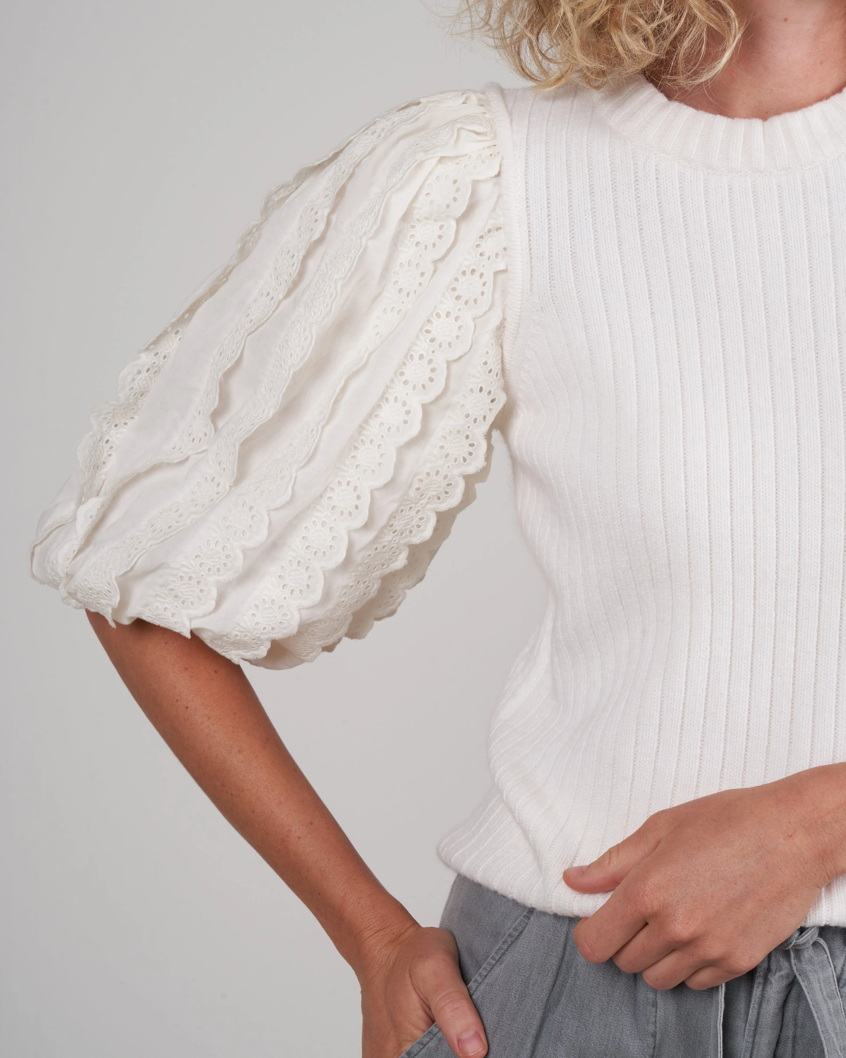 everleigh eyelet s/slv combo sweater- cream cream