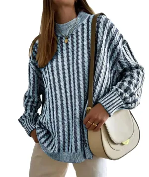 Famulily Womens Fall Winter Striped Color Block Sweater Long Sleeve Mock Neck Casual Knit Pullover Blue XL