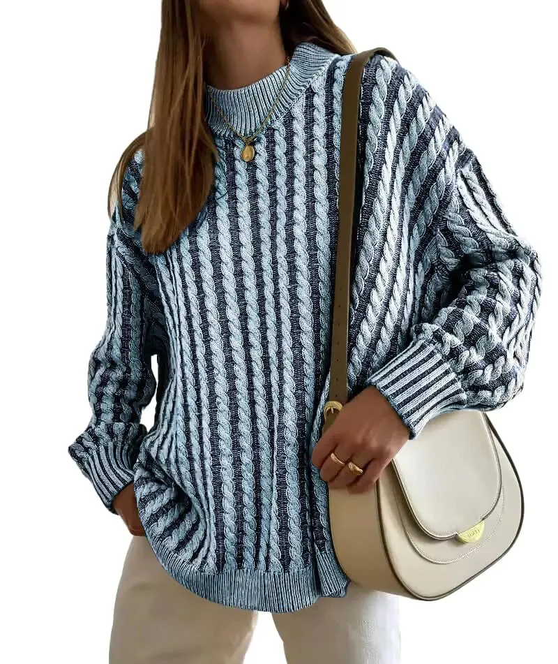 Famulily Womens Fall Winter Striped Color Block Sweater Long Sleeve Mock Neck Casual Knit Pullover Blue XL