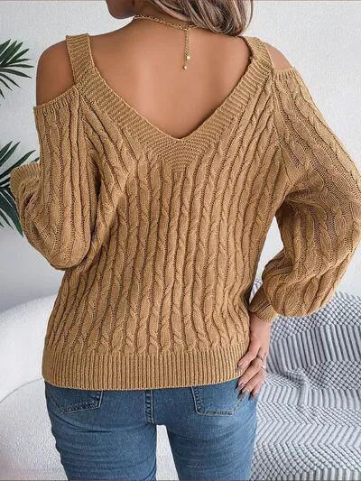 Femininely Comfy Cold Shoulder Cable Knit Sweater