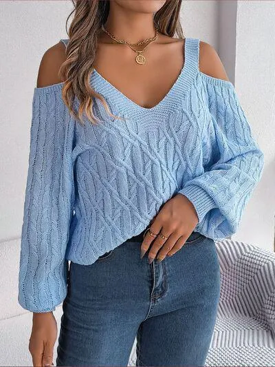 Femininely Comfy Cold Shoulder Cable Knit Sweater